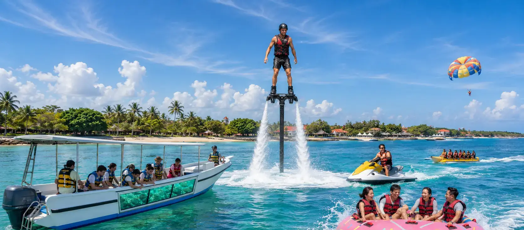 Tanjung Benoa watersports in Bali including parasailing, jet skiing, inflatable rides, and underwater activities